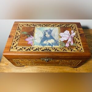 Vintage Wooden Jewelry Trinket Box Fairy Art Decoupage Floral Keepsake Latch Box